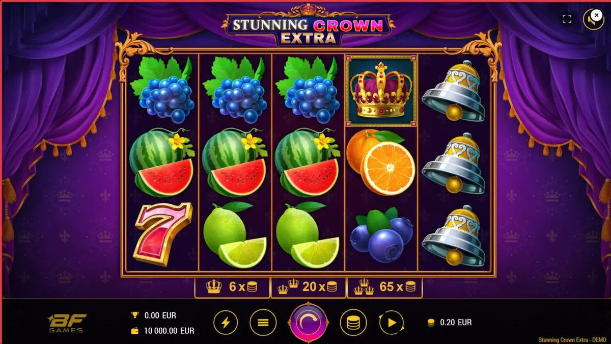Tampilan visual mewah dari slot Stunning Crown Extra dengan simbol mahkota dan permata